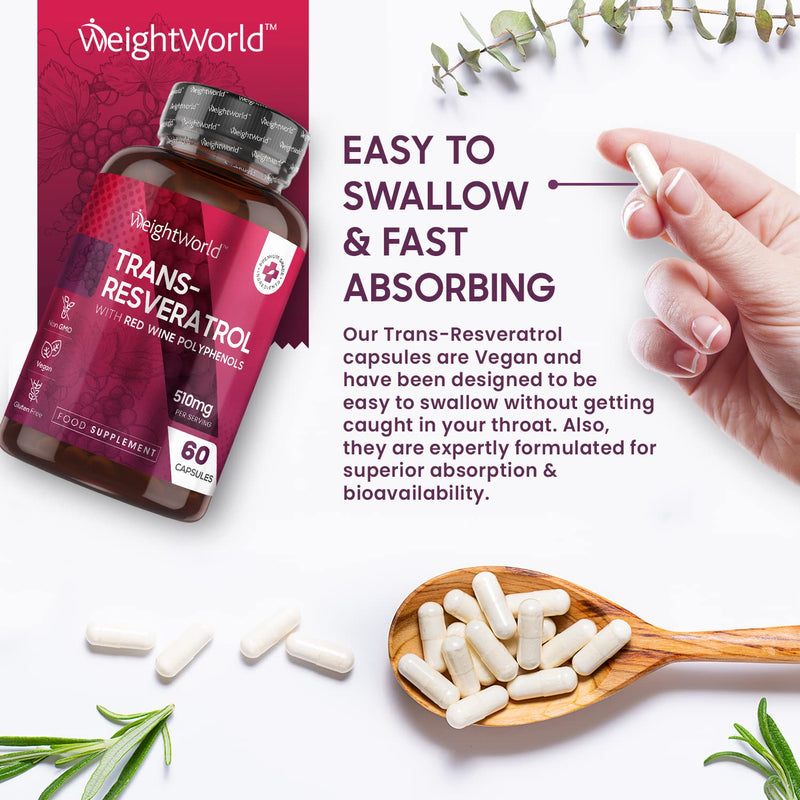 Resveratrol Supplements 510mg - 60 Capsules -Trans Resveratrol (from Knotweed) Skin Supplements - Black Pepper Extract & Red Wine Polyphenol from Grape Skin Extract - Vegan Resveratrol Powder Capsule - BeesActive Australia