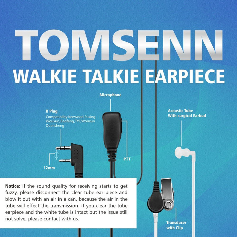 TOMSENN 2-Pin Covert Acoustic Tube Walkie Talkie Earpiece – Two Way Radio Earpiece with a PTT Mic - Compatible with Walkie Talkie Headset Brands (Kenwood, Puxing, Wouxun) – Pack of 2 - BeesActive Australia
