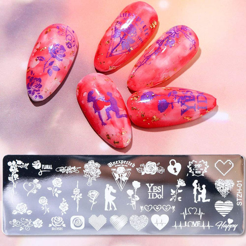 Lookathot 12PCS Nail Art Image Stamp Stamping Plates with 1 Stamper, 1 Scraper Valentine's Styles Small Floral Rose Butterfly Flamingo Love Heart - BeesActive Australia