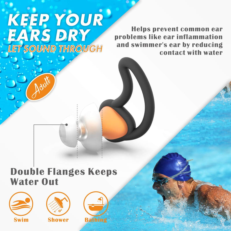 [2 Pairs] Ear Plugs for Swimming, Hearprotek Swim Ear Plugs Adults-Waterproof Silicone Water earplugs for Men Women Juniors Swimmers Pool Shower Bathing (Orange) Orange - BeesActive Australia