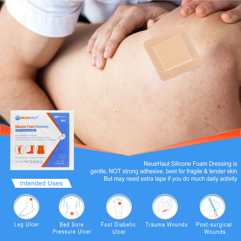Silicone Adhesive Foam Dressing with Gentle Border 3''x3'', Bed Sore Pressure Ulcer Leg Ulcer Silicone Wound Bandage, High Absorbency Waterproof, 10 Pack by NeueHaut - BeesActive Australia