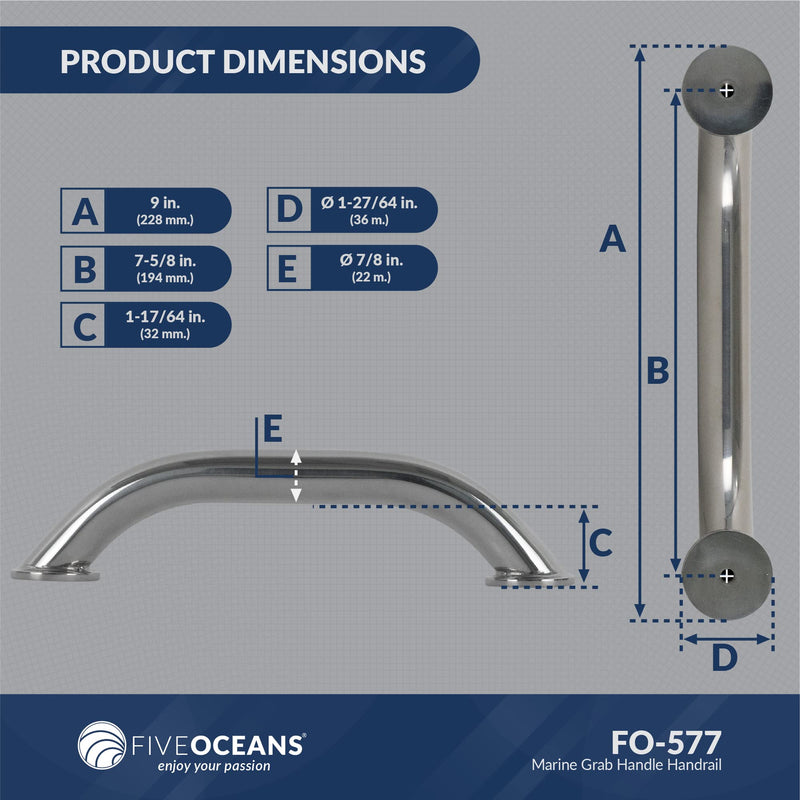 Five Oceans Marine Polished Stainless Steel Grab Handle Handrails 9 inches (1 Pack) - BeesActive Australia