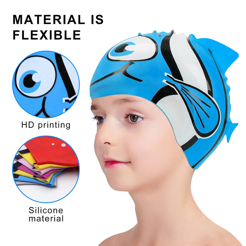 2Packs Kids Cartoon Fish Swim Caps Children Elastic Swimming Hats Silicone Swimming Caps for Girls and Boys Waterproof Stretchy Swim Bathing Caps Keep Hair Clean Dry (1*Blue and 1*Yellow ) - BeesActive Australia