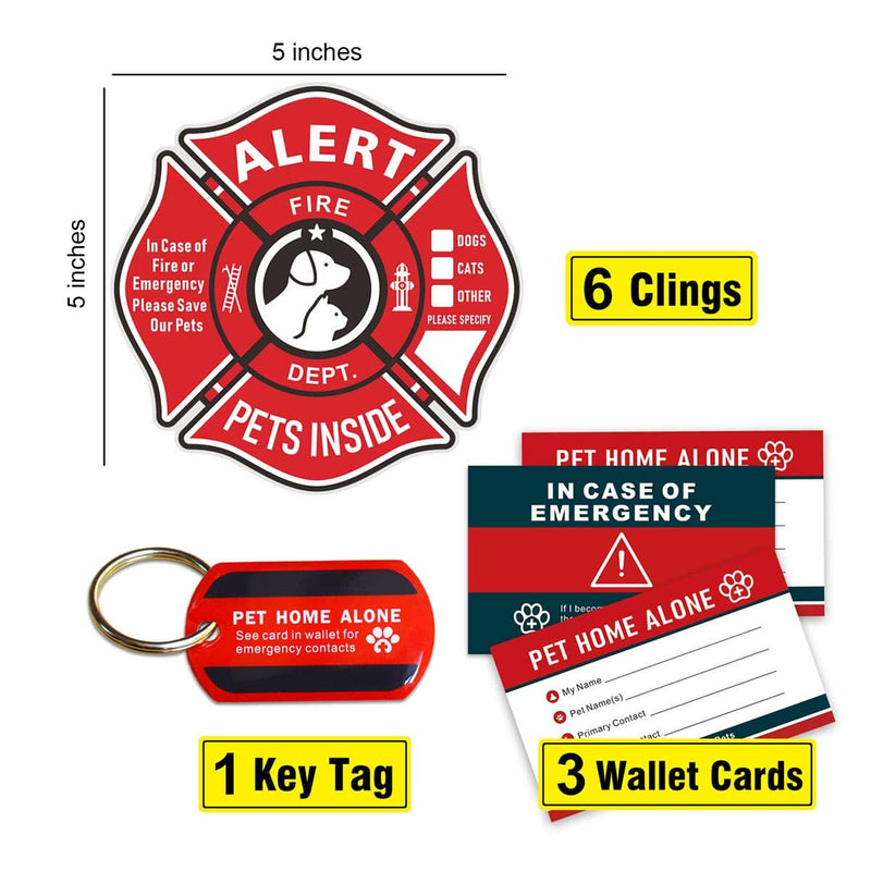 Pet Alert Stickers Static Cling Window Decals Emergency Pets Rescue Sign (6 Pack) with Bonus: Pet Home Alone Wallet Card & Key Tag - NO Adhesive, Removable, UV Resistant - BeesActive Australia