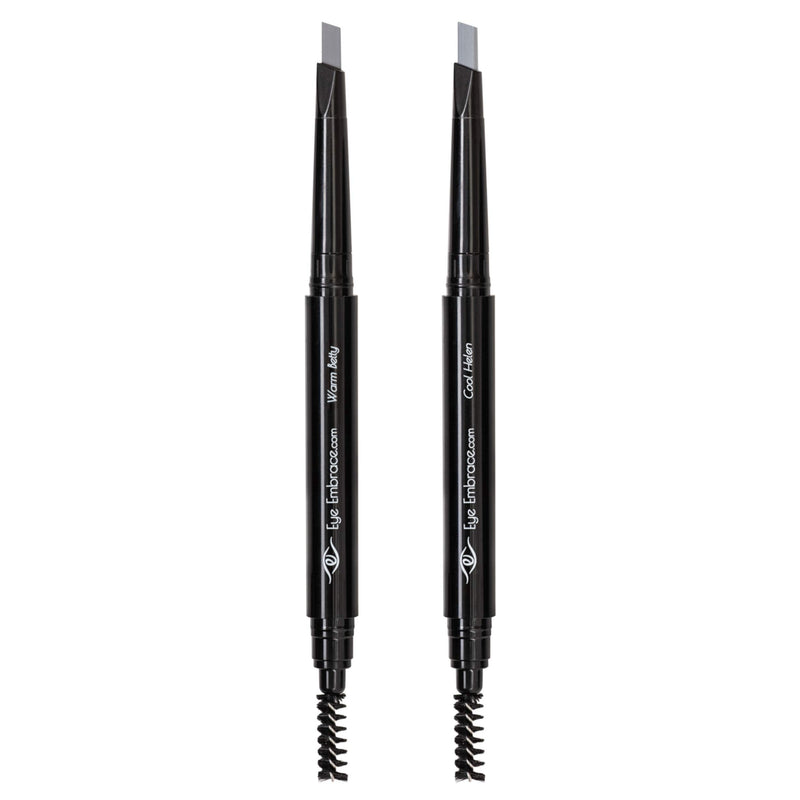 Eye Embrace Light Gray Eyebrow Pencils: Warm Betty & Cool Helen 2 Pack Bundle - Waterproof, Double-Ended Automatic Angled Tip & Spoolie Brush, Cruelty-Free - BeesActive Australia