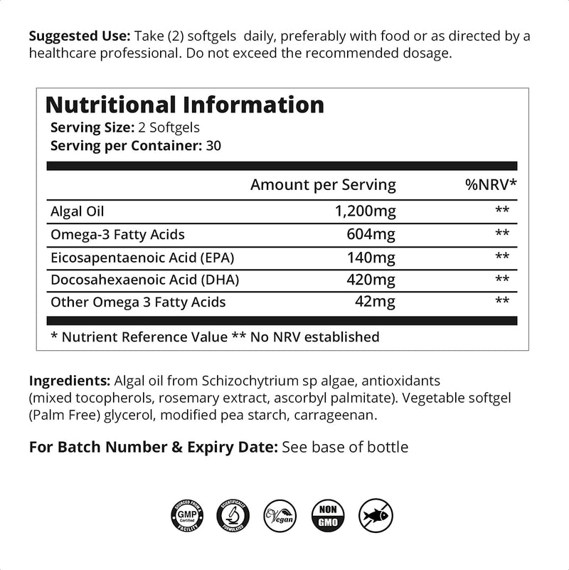 Vegan Omega 3-1200mg Fermented Algae Oil - High Strength EPA DHA - Natures Purest Omega Fatty Acids - Contaminant-Free Alternative to Fish Oil, Cod Liver Oil or Krill Oil - 60 Softgels by Wellology - BeesActive Australia