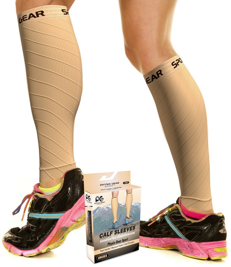 Calf Compression Sleeve Men & Women - Shin Splints Support, Footless Compression Socks for Calf Support, Achilles Tendon Support, Leg Cramps, Varicose Veins, Maternity, Nurses (1 Pair) S/M | 12" - 16" Calf Nude Beige - 1 Pair - BeesActive Australia