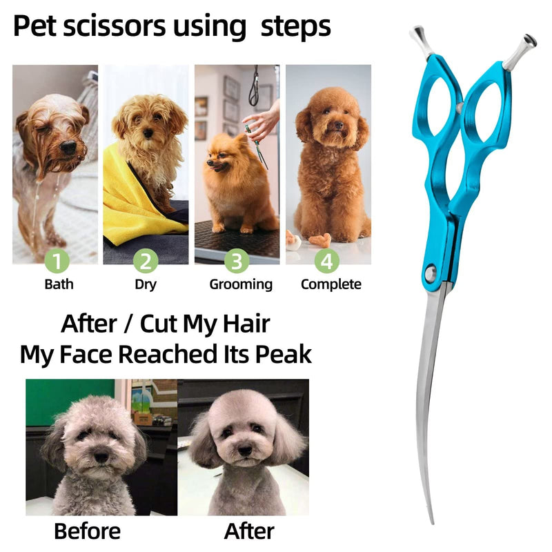 LYNHUAND 6.5" Curved Grooming Scissors for Dogs 440C Stainless Steel Professional Dog Grooming Scissors with Ultra-Light Aeronautical Aluminum Handle (Blue-Curved) Blue - BeesActive Australia