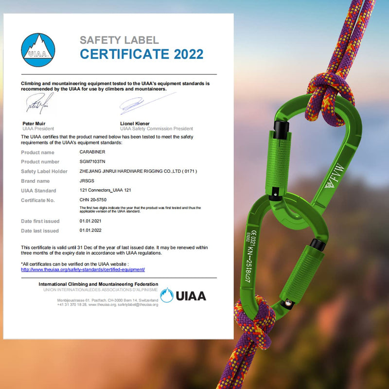 FVW Auto Locking Rock Climbing Carabiner Clips,Professional 25KN (5620 lbs) Heavy Duty Caribeaners for Rappelling Swing Rescue & Gym etc,Large Carabiners,D-Shaped 2pcs-green - BeesActive Australia