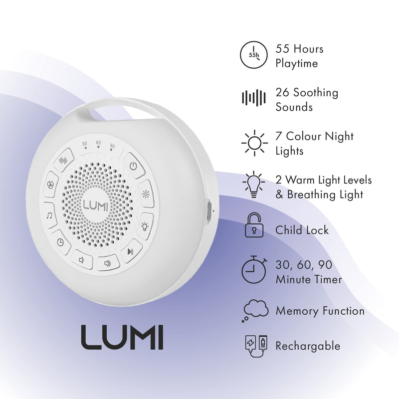 LUMI | Portable White Noise Machine Baby | 26 Sleep Sounds & 7 Colour Baby Night Light | 55 Hours Battery Life | Child Lock | 30, 60, 90 Minute Timer | Sleep Sound Machine Baby | White Noise Sleep Aid - BeesActive Australia