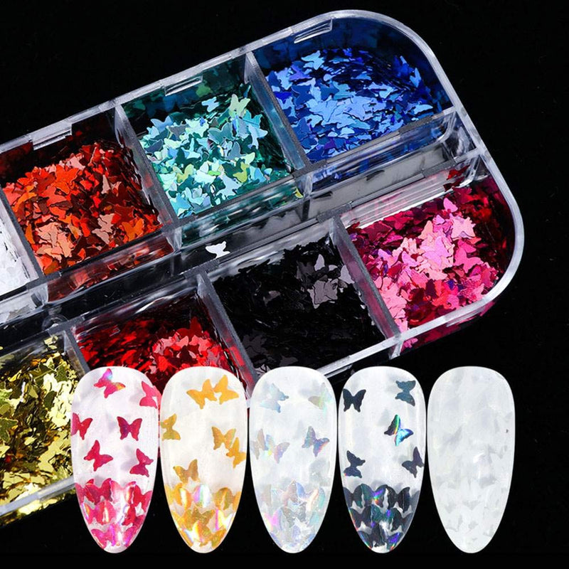 Butterfly Nail Decals Holographic Nail Powder Butterfly Nail Art Stickers 12 Grid/Set Holographic Nail Glitter Sequins Sparkly 3D Thin Butterfly Flakes Polish Decor for Nail Art Accessories - BeesActive Australia