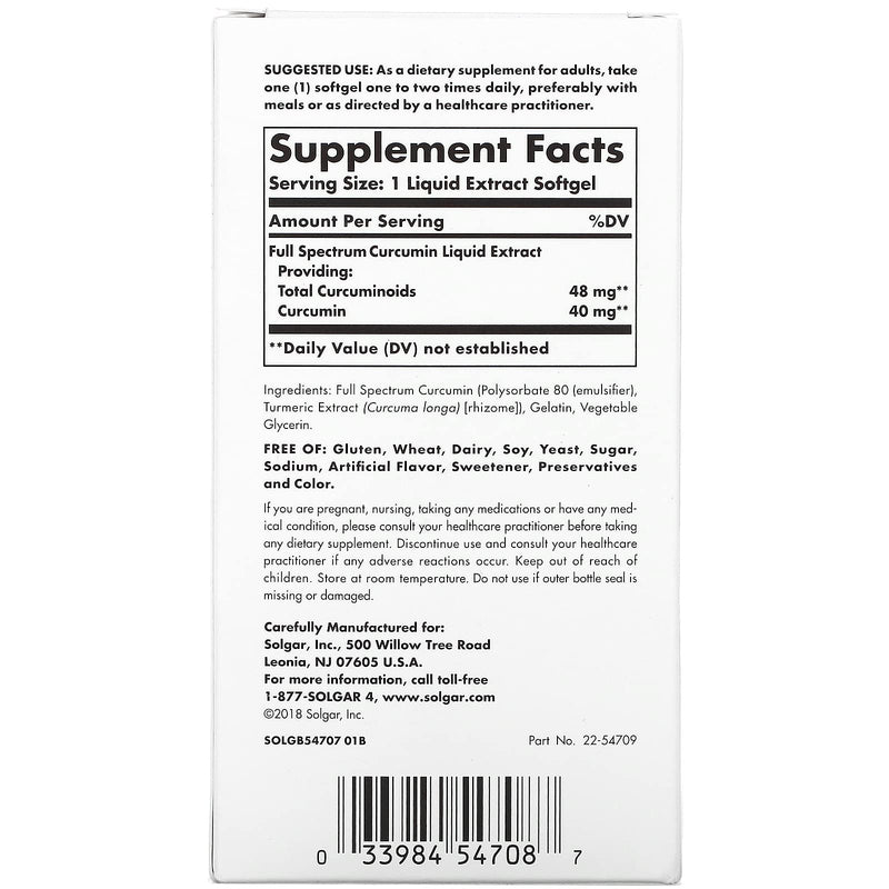 Solgar Full Spectrum Curcumin Softgels - Pack of 90 - Potent Antioxidant - Faster Absorption - Free from Sugar, Salt, Starch, Gold - BeesActive Australia