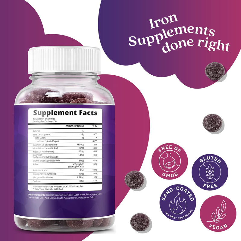 Iron Gummies Supplement with Vitamin C, A, Vitamins B Complex, Folate, Multivitamins for Women, Kids & Adults - Supports Energy, No After Taste, Vegan Supplements - Grape Flavor (60 Ct) 1 - BeesActive Australia
