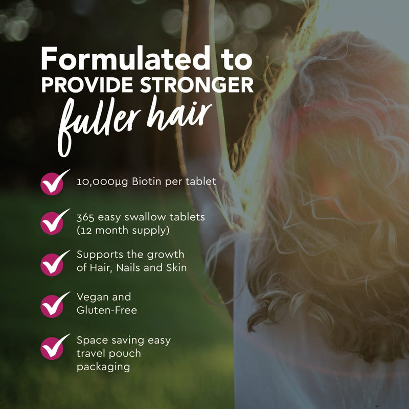 Biotin Hair Growth Supplement - 1 Year Supply High Strength Biotin 10,000mcg Per Tablet, Hair Skin and Nails Vitamins for Women & Men, 365 Vegan Biotin Tablets - Easy to Swallow UK Made Hair Vitamins - BeesActive Australia