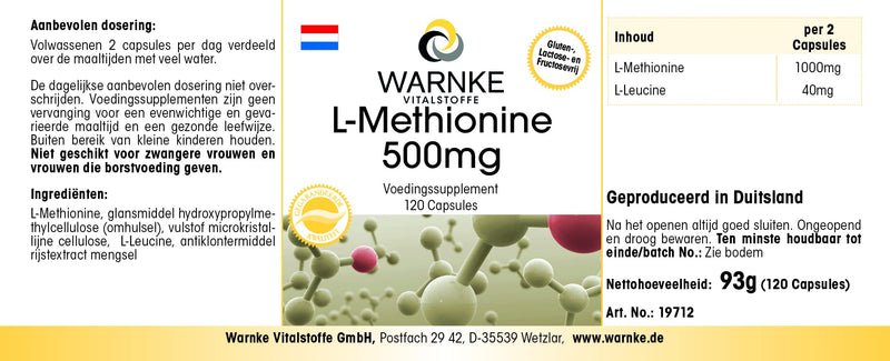 - L-Methionine 500mg - Vegan - 120 Capsules | Warnke Vitalstoffe - BeesActive Australia