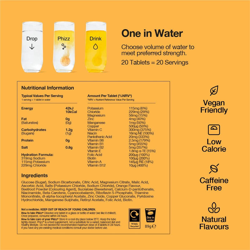 Phizz Electrolytes, Multivitamin & Hydration Tablets - 20 Effervescent Rehydration Tablets - 18 Vitamins & Minerals, Vitamin C, Vegan, Vegetarian & Low Calorie Orange 20 Count (Pack of 1) - BeesActive Australia