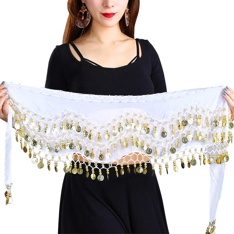 [AUSTRALIA] - Cosics Belly Dance Hip Scarf, Belly Dancing Skirt Hip Scarves with Dangling Gold Coins for Zumba, Performance Costume White 