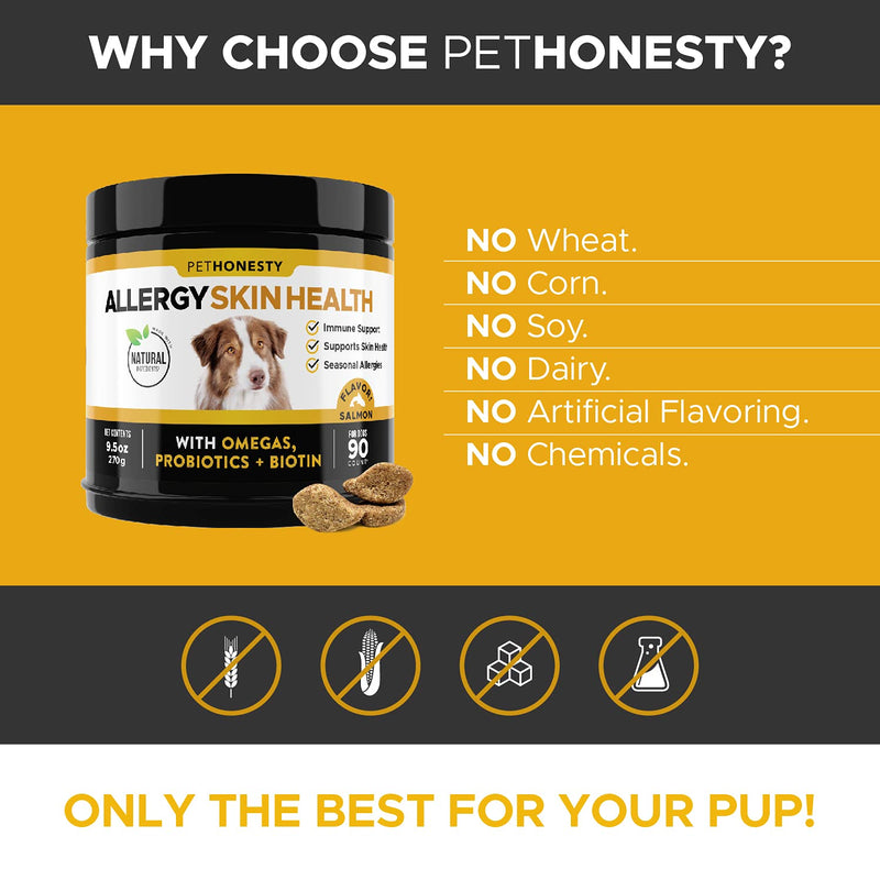 PetHonesty Allergy Skin Health - Fish Oil for Dogs with Omegas, DHAGold, Flaxseed, Probiotics for Itch-Free Skin, Shiny Coats, Helps Reduce Shedding - Soft Chews for Healthy Skin & Coat Salmon - BeesActive Australia