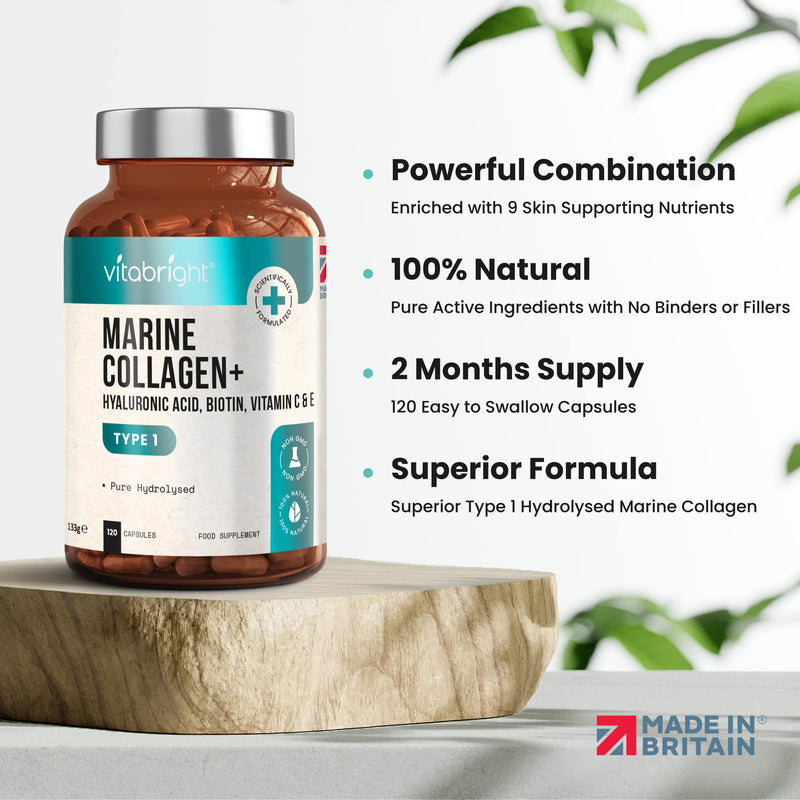 Marine Collagen Capsules 1000mg - 120 Capsules - 9 Powerful Skin Supporting Nutrients - Type 1 Hydrolysed Pure Marine Collagen with Hyaluronic Acid - Marine Collagen Supplement by VitaBright - BeesActive Australia
