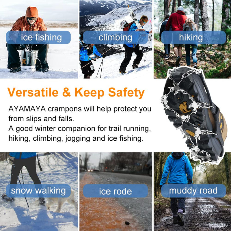 Crampons Ice Cleats for Shoes and Boots, AYAMAYA [Upgraded] 24 Spikes Antislip Stainless Steel Snow Traction Ice Gripper for Shoes Men Women, Snow Chains for Hiking Winter Walking Climbing - M/L/XL Large - BeesActive Australia