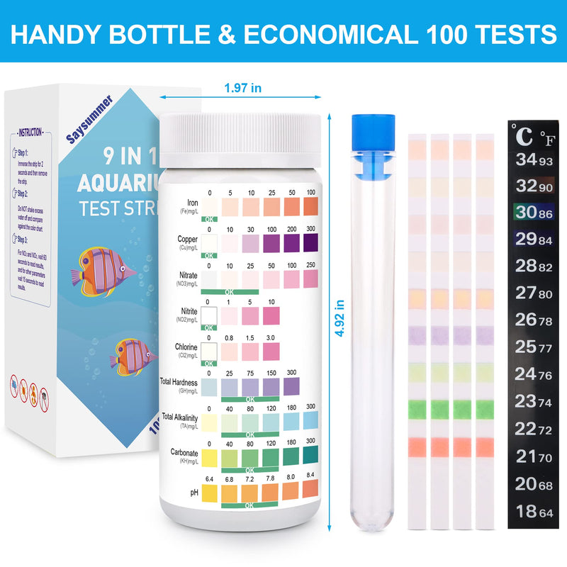 9 in 1 Aquarium Test Strips, 100 Strips Aquarium Test Kits for Freshwater Saltwater, Aquarium Water Test Kit, Pond Fish Tank Test Strips Testing Iron, Copper, Nitrite, Nitrate, pH, Carbonate and More - BeesActive Australia