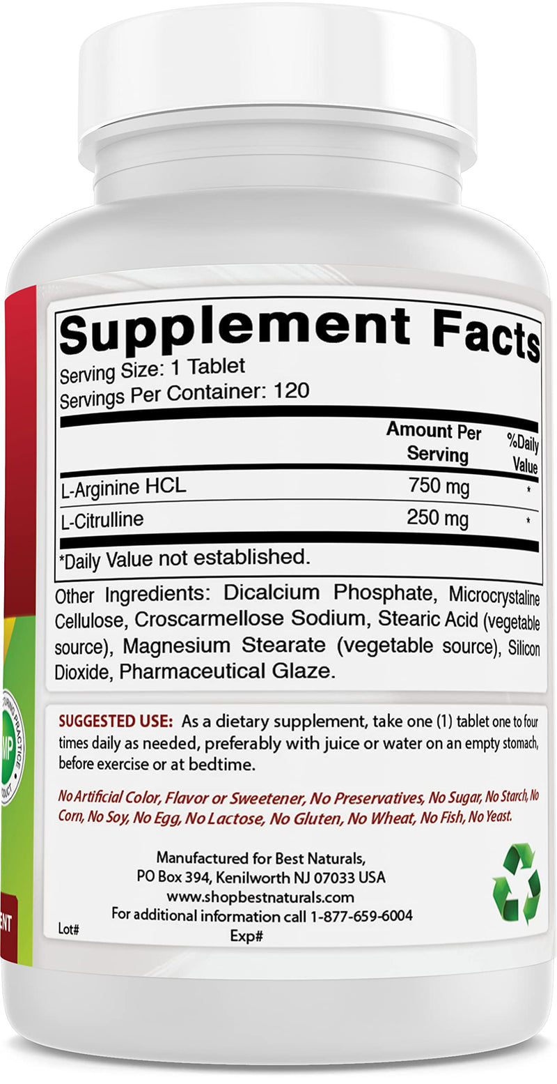 Best Naturals L-Arginine L-Citrulline Complex 1000 mg 120 Tablets (120 Count (Pack of 1)) 120 Count (Pack of 1) - BeesActive Australia