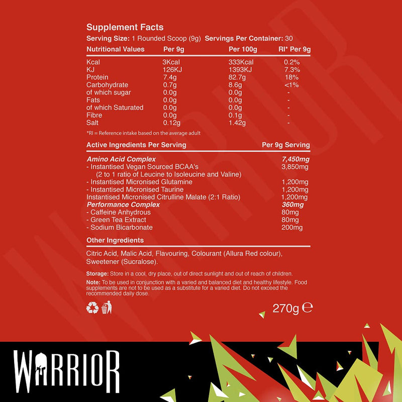 Warrior, Amino Blast - 270g - Branch Chain Amino Acid Powder (BCAA) - Helps Build Lean Muscle and Speed Up Recovery, Strawberry Kiwi - BeesActive Australia