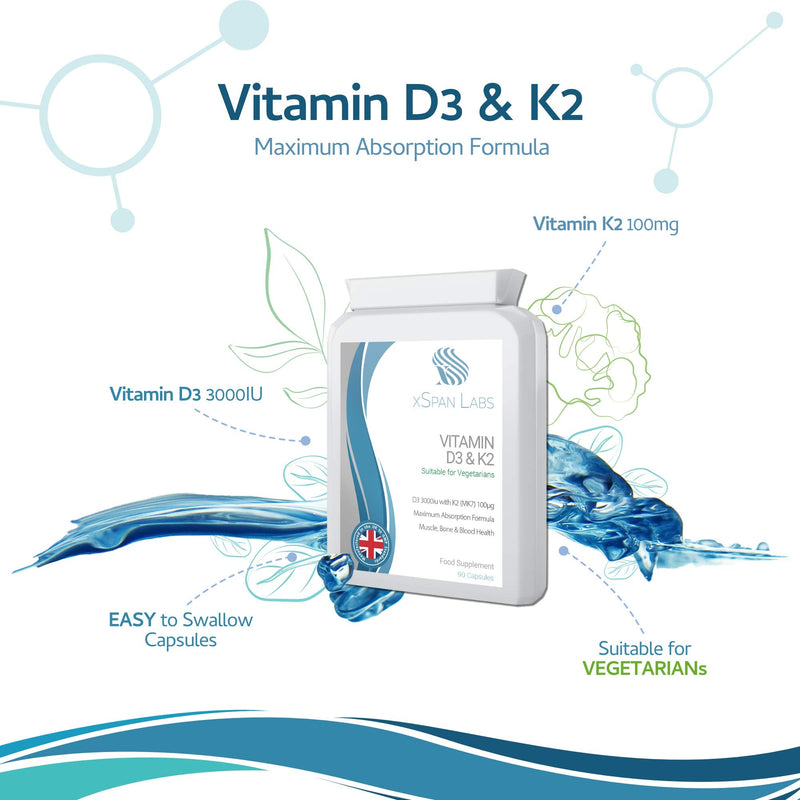 Vitamin D 3,000 IU & Vitamin K2 100ug MK7 Vegetarian Capsules - 90-Day Supply of Vitamin D3 Supplement Source of Cholecalciferol � Exclusively Manufactured in The UK for Maximum Absorption - BeesActive Australia