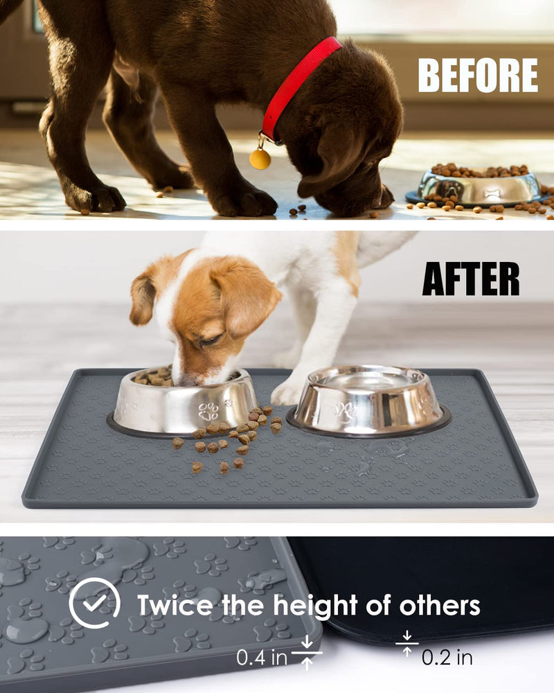 Silicone Dog Cat Food Mat, Waterproof Slip Resistant Raised Edge Pet Feeding Mats, Pet Bowl Mat Anti-Messy and Prevent Spill on Floor, Dishwasher Safe M: 18.9" X 11.8" Grey - BeesActive Australia