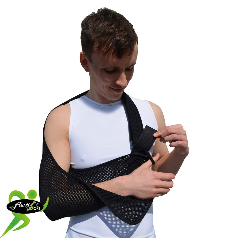 Adult ONE Size Arm Sling Shoulder Support (Black/Black) Medically Approved, Cool, Easy Fit, Thumb Loop, Unisex. Black/Black Trim - BeesActive Australia