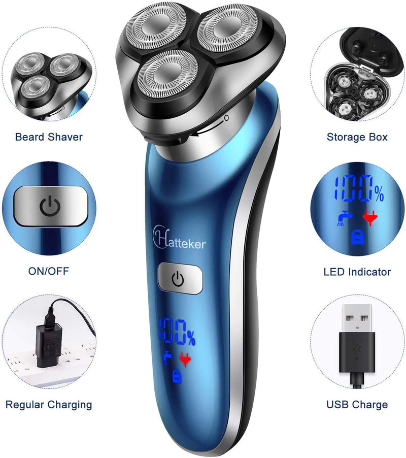 Hatteker Electric Shaver for Men Rotary Shaver Electric Razor Beard Trimmer Nose Hair Trimmer Cordless Wet Dry Face Brush 4 in 1 Blue - BeesActive Australia