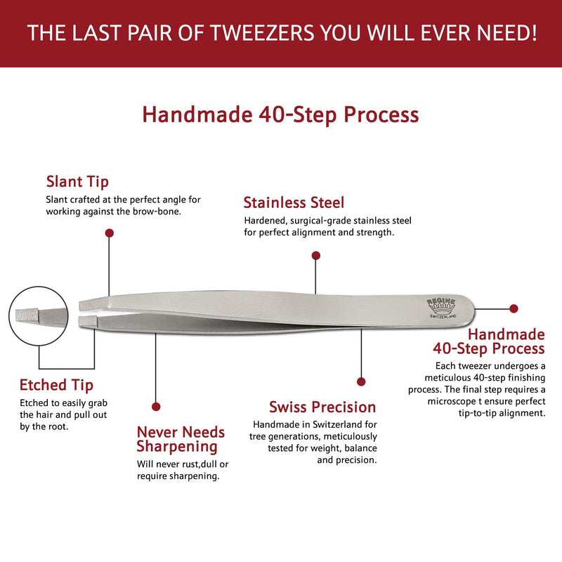 Regine Switzerland Slant Tweezer - Handmade in Switzerland - Professional Eyebrow, Facial & Hair Remover - Etched Interior Tip to Grab Hair From the Root - Perfectly Aligned Tips - Stainless Steel Silver - BeesActive Australia