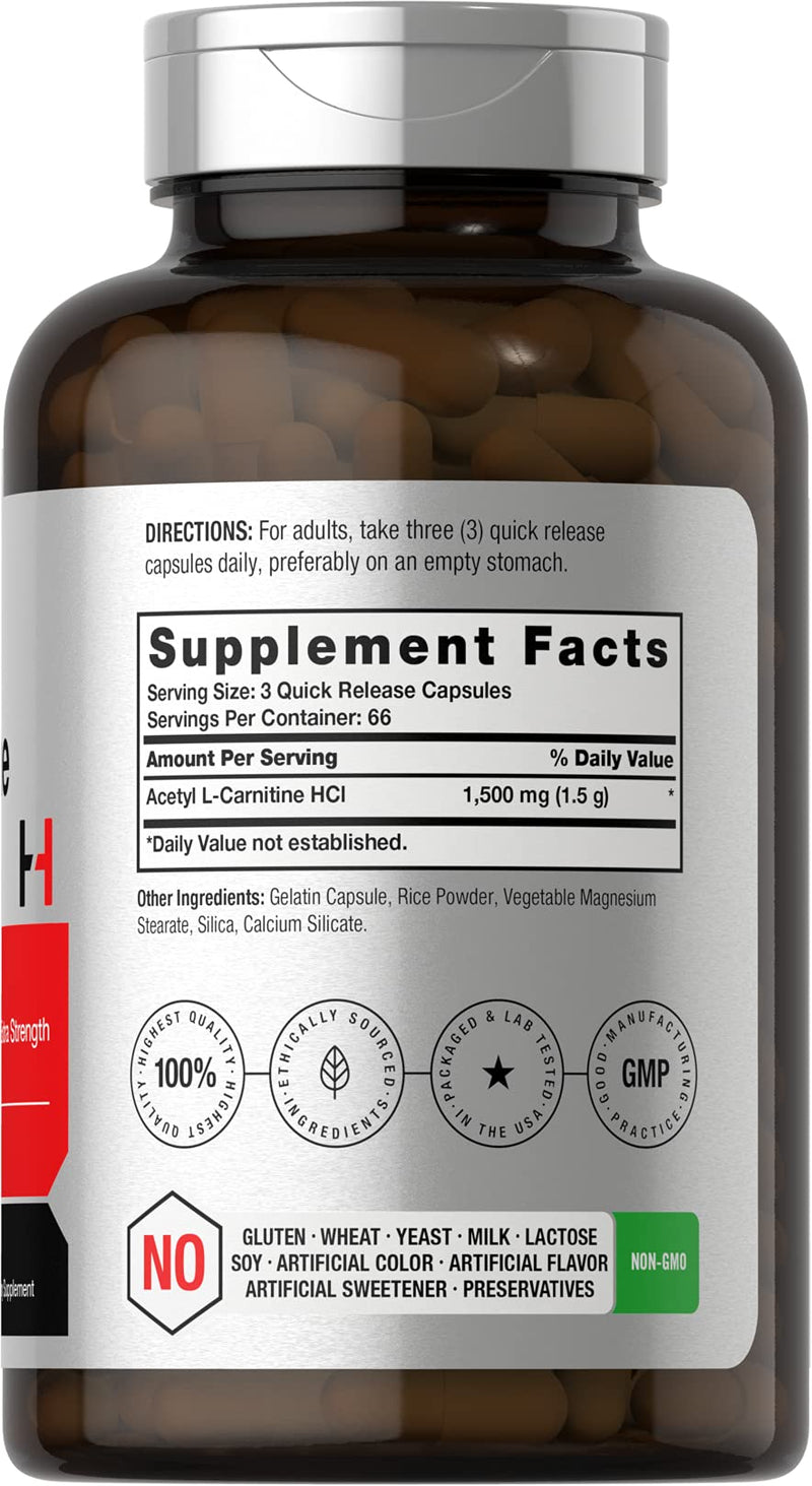 Acetyl L-Carnitine 1500mg | 200 Capsules | Extra Strength ALCAR Supplement | Non-GMO, Gluten Free | by Horbaach - BeesActive Australia