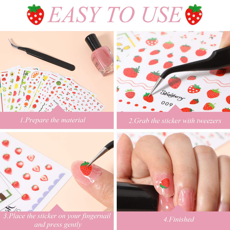 Leelosp 14 Sheets Summer Nail Art Stickers Decals with Tweezers 3D Self-Adhesive DIY Nail Art Decoration Summer Fruit Nail Sticker Tropical Fruit Nail Art Decal for Women Little Girls Nail Decoration - BeesActive Australia