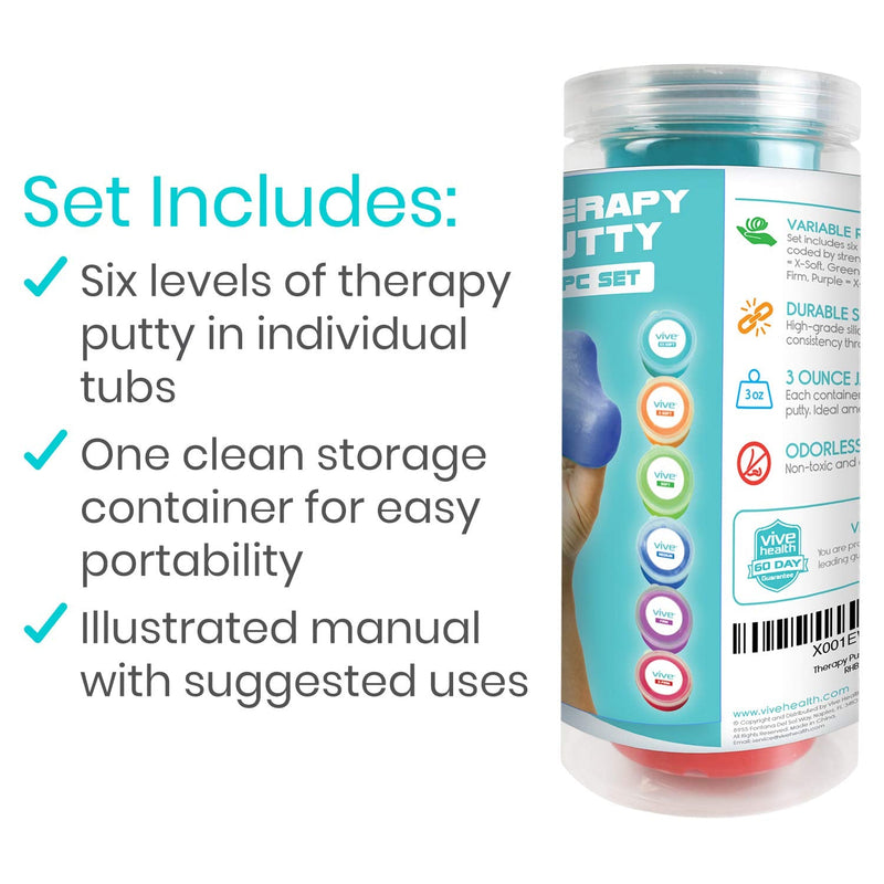 Vive Therapy Putty (6 Pack 18 oz) - Therapeutic, Occupational and Exercise Tool - Thinking and Stress - Finger, Hand Grip Strength Exercises - Extra Soft, Medium, Firm Resistance - Adult, Children All Resistances - BeesActive Australia