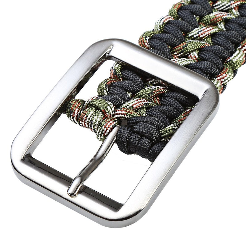 [AUSTRALIA] - Stylrtop Tactical Waist Belt Survival Woven Belt for Camping, Hunting, Hiking, and Other Outdoor Activities(Length: 1.2 Meters Can be Unraveled into a 28 Meters Parachute Cord,Pulling Force:550lbs BLACK CAMOUFLAGE 