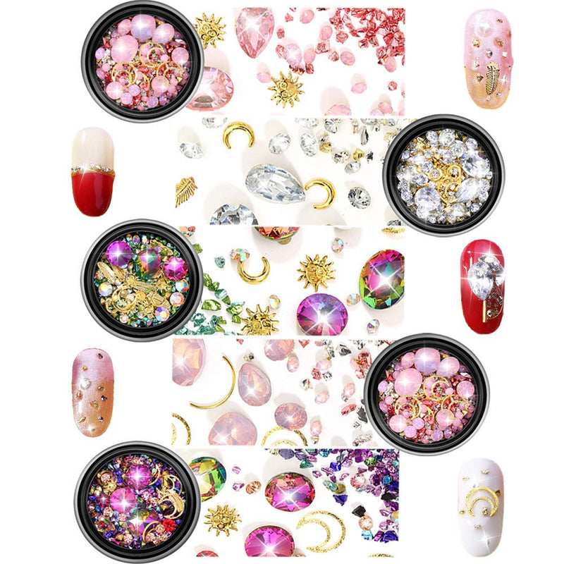 Nail Art Crystal Rhinestones 5 Boxes Mix Star Moon Nail Studs Diamonds Beads Manicure Jewelry Glitter Appliques for Women Girls Nails 3D DIY Craft Decorations - BeesActive Australia