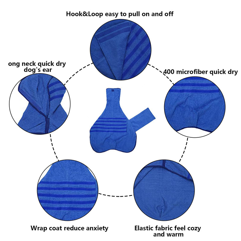 Dog Drying Coat Dressing Gown Towel Robe pet Microfibre Super Absorbent Anxiety Relief Designed Puppy fit for xs Small Medium Large Dogs X-Large(Back: 22"-23"in) Blue - BeesActive Australia