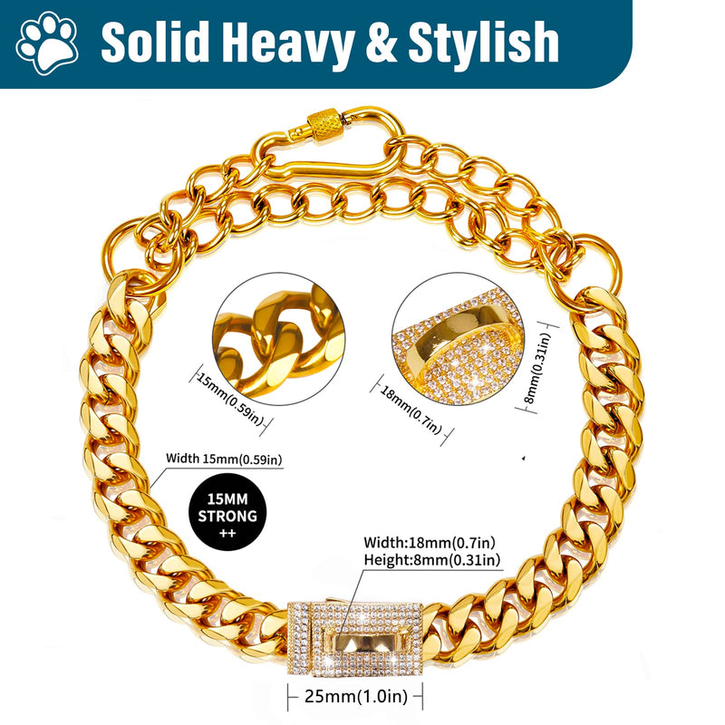 Gold Dog Chain Collar, Singda 18K Cuban Link Chain with Safety Buckle Lock, Strong Stainless Steel Metal Links, Walking Training Collars Necklace for Puppy Small Medium Large Dogs S (Adjustable Size of 10"-16") - BeesActive Australia