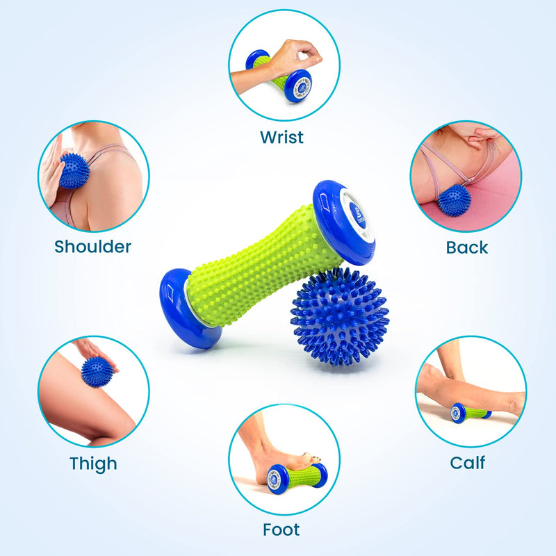 Beenax Foot Massage Roller and Hard Spiky Ball Set - Perfect for Plantar Fasciitis Recovery, Wrists and Forearms Exercise, Arm Pain, Trigger Point - Designed to Relieve Stress and Relax Tight Muscles Blue - BeesActive Australia
