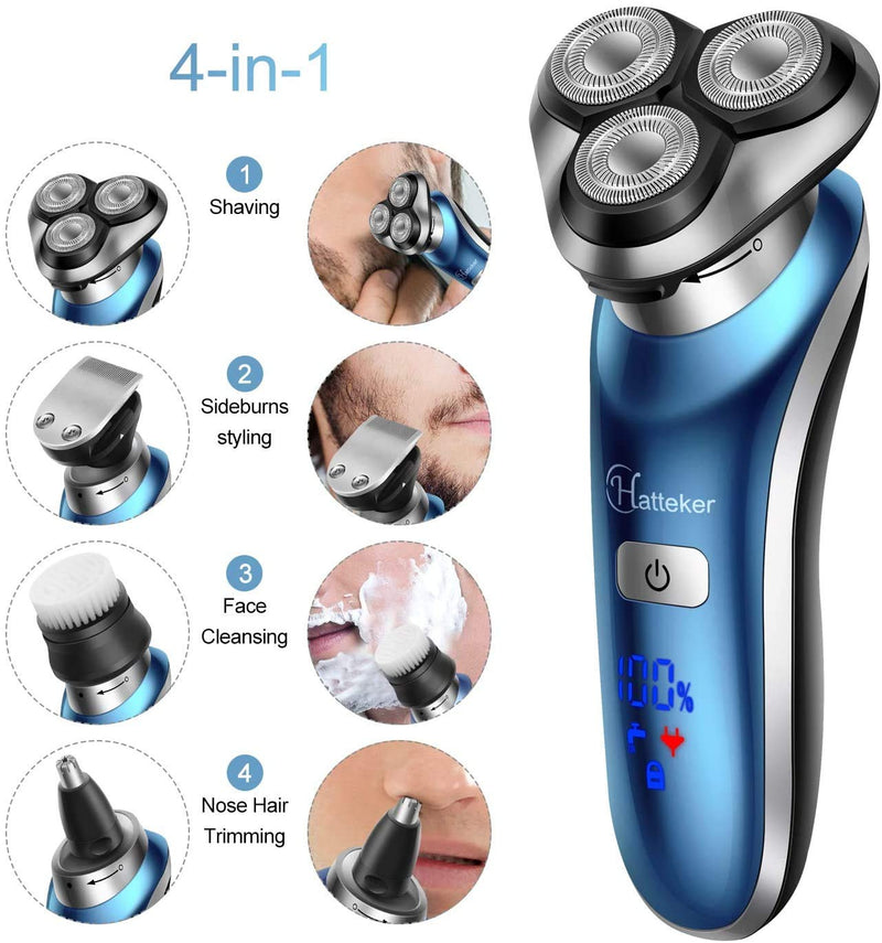 Hatteker Electric Shaver for Men Rotary Shaver Electric Razor Beard Trimmer Nose Hair Trimmer Cordless Wet Dry Face Brush 4 in 1 Blue - BeesActive Australia