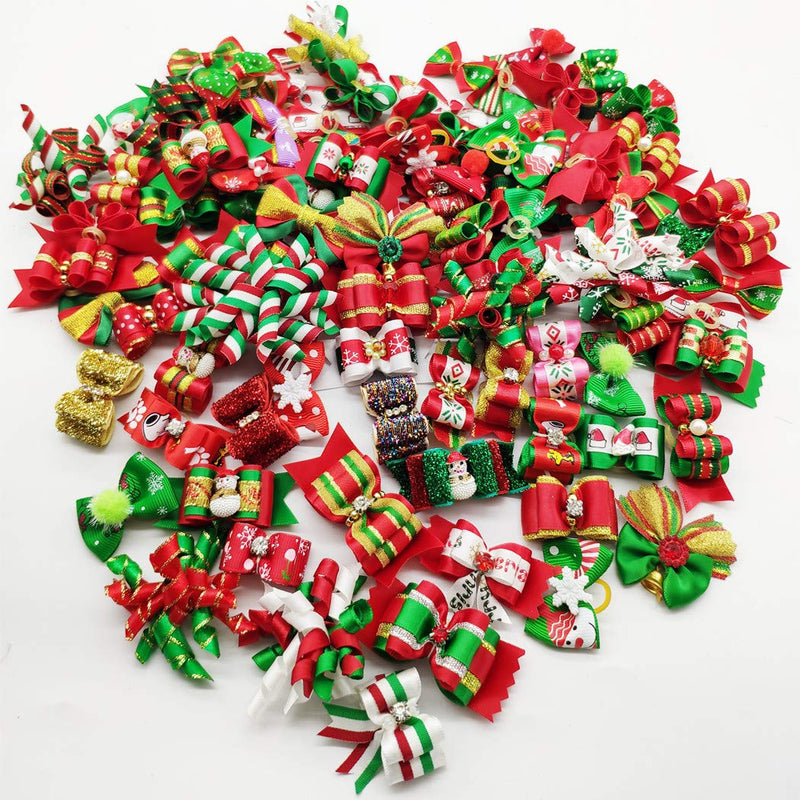 Hixixi 100pcs Dog Puppy Cat Christmas 3D Rhinestone Hair Bows with Rubber Bands Flat Pet Xmas Grooming Accessories - BeesActive Australia