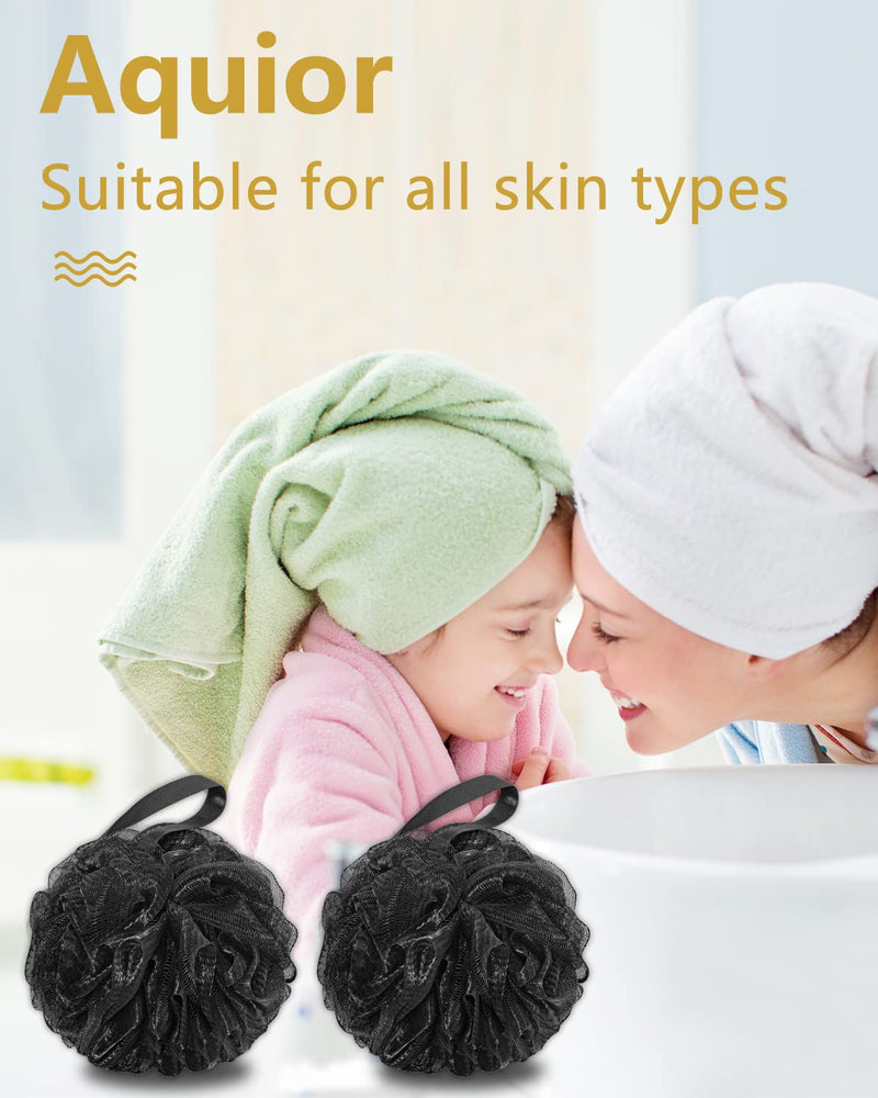 Aquior Shower Puff Loofahs, 60g/PCS Black Extra Large Mesh Pouf Easy Foaming Body Scrubber Exfoliator for Big Full Lather Cleanse(4 Pack) Black-4pc - BeesActive Australia