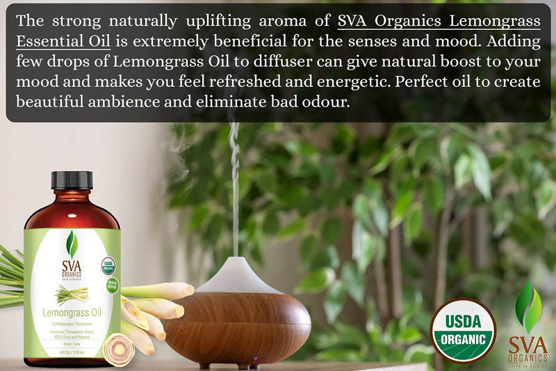 SVA Organics Lemongrass Oil Organic USDA 4 Oz 100% Pure Natural Undiluted Premium Therapeutic Grade Oil for Diffuser, Aromatherapy, Skin, Face & Hair - BeesActive Australia