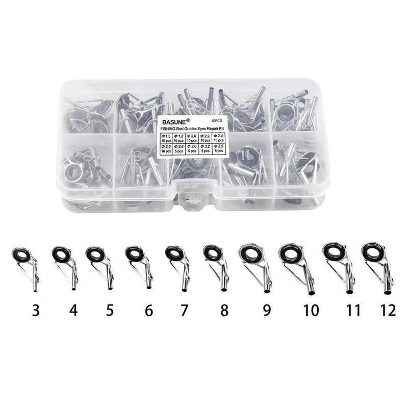BASUNE Spinning Rod Guides Tip Ceramic Guide with Eyelets, Fishing Rod Guide Replacement Tip Spare Parts Repair and Tips Repair Eye Loop Kit with Box for Spinning Rods Sea Fishing (10 Size - 80Pcs) - BeesActive Australia
