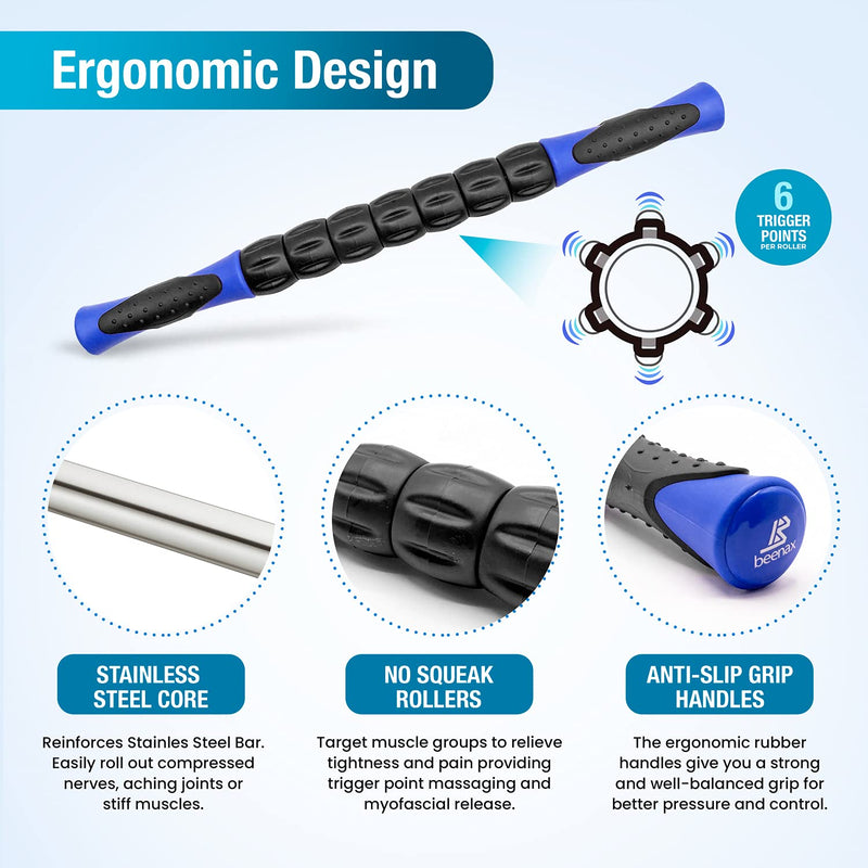 Beenax Muscle Therapy Massage Stick, 360� Tension Reduction - Ridged Gears for Trigger Points, Deep Tissue, Myofascial Release, Leg, Quads & Calf Tightness - Relieve Soreness, Cramps and Pain Blue - BeesActive Australia