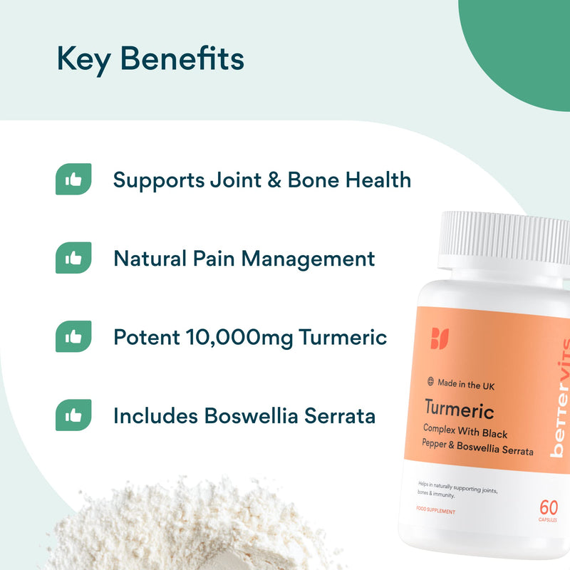 BetterVits Turmeric Complex | Joint Health | Anti-Inflammatory | 10,000mg Extract | with Black Pepper & Boswellia Serrata - BeesActive Australia