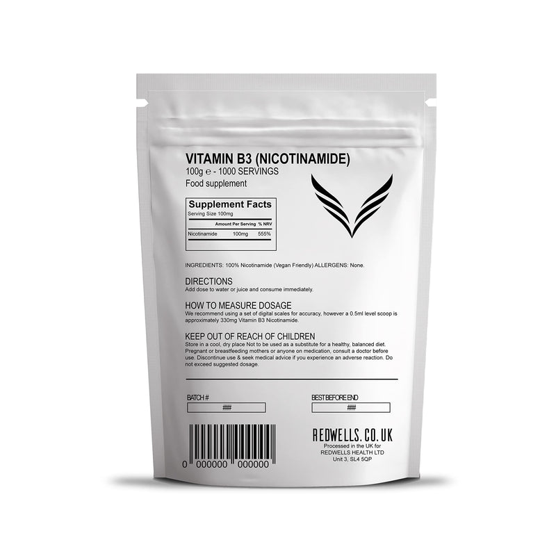 Vitamin B3 Powder Nicotinamide REDWELLS Non Flush Powder GMO Free - 100g Pack 100 g (Pack of 1) - BeesActive Australia