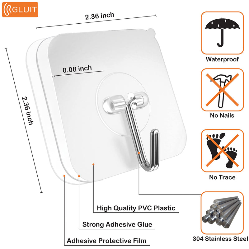 GLUIT Adhesive Hooks for Hanging Heavy Duty Wall Hooks 22 lbs Self Adhesive Sticky Hooks Waterproof Transparent Hooks for Keys Bathroom Shower Outdoor Kitchen Door Home Improvement Sticky Hook 6 Pack 6 Medium Hooks - BeesActive Australia