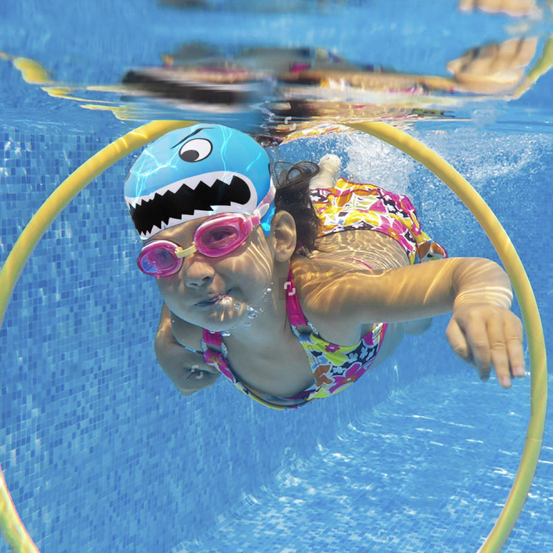 Swim Cap Kids-2 Pack Silicone Fun Swim Caps for Girls and Boys, Kids Swimming Hats with Cartoon Sharks & Minnows Design Pattern A - BeesActive Australia